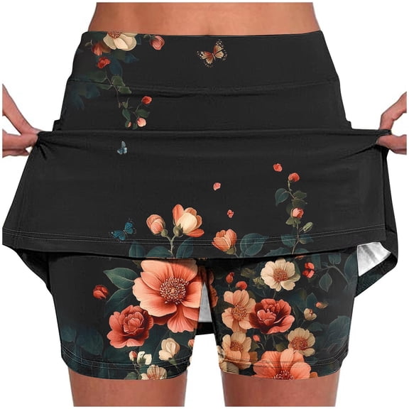 Mifsaly Skorts for Women with Pockets Floral Print Workout Shorts Double Layer Golf Tennis Workout Skirts Outdoor Gym Stretchy Pants Athletic Summer Clothes L