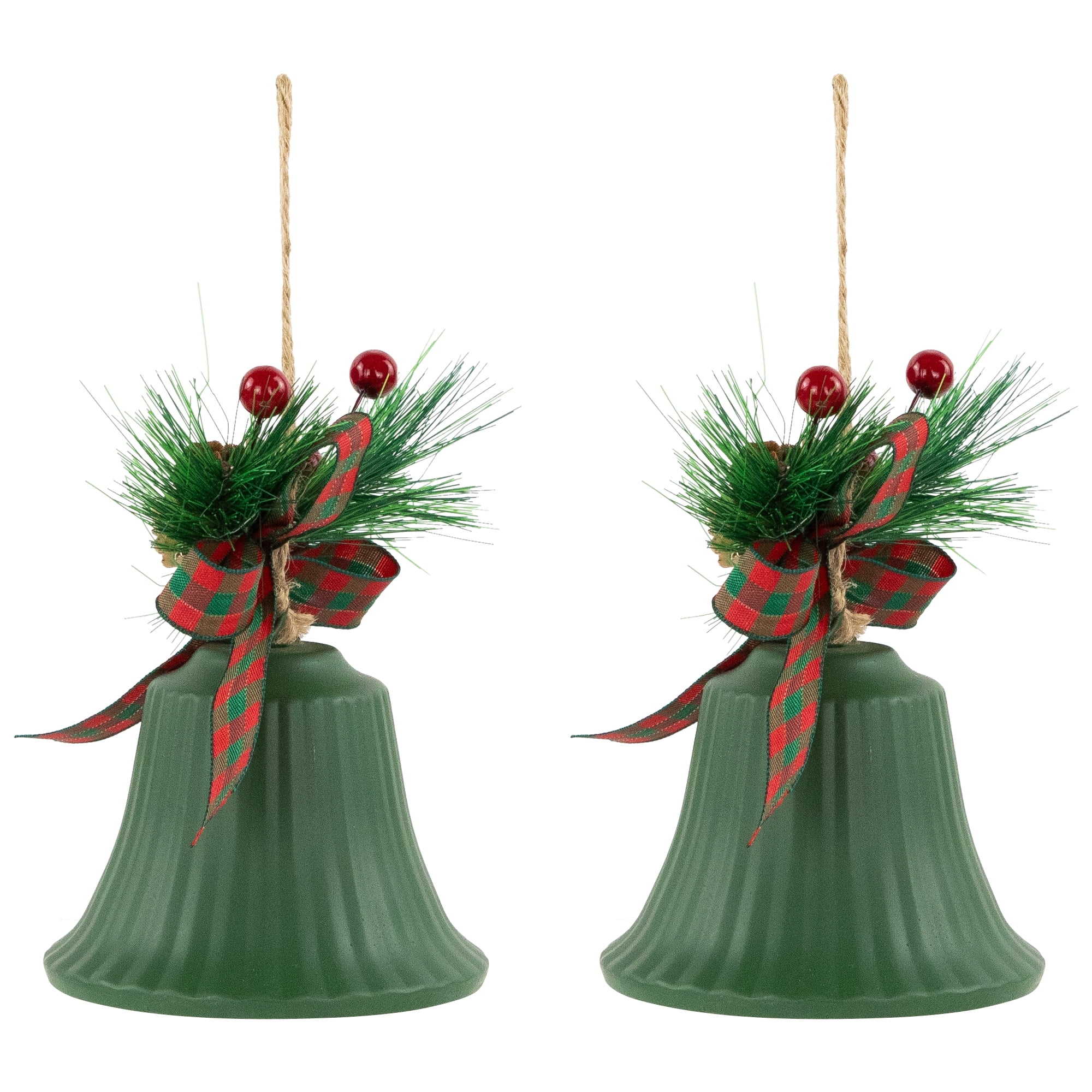 Northlight Christmas Bells with Pinecones and Plaid Bow Ornaments - 7" - Green - Set of 2