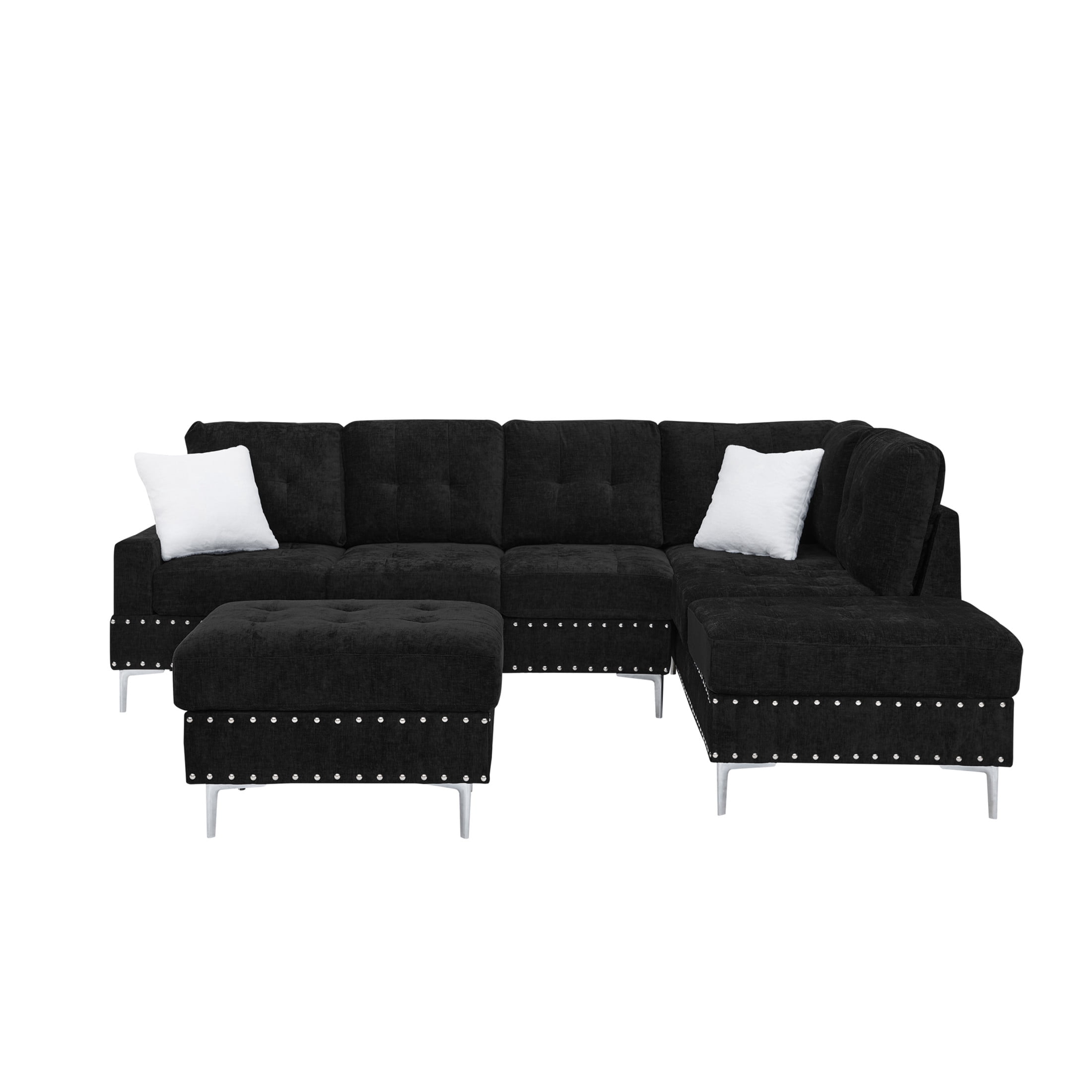 Noble House 102" L-Shaped Tufted Sectional Sofa, Chenille 3-Seater Couch with Storage Ottoman and White Pillows, Black