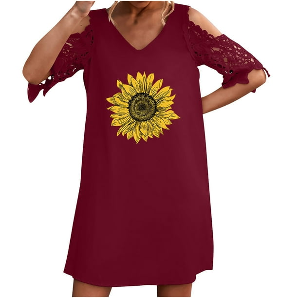 Vestidos de manga corta con hombros descubiertos y encaje con cuello en V estampado sexy de verano para mujer Fridja bnh5345