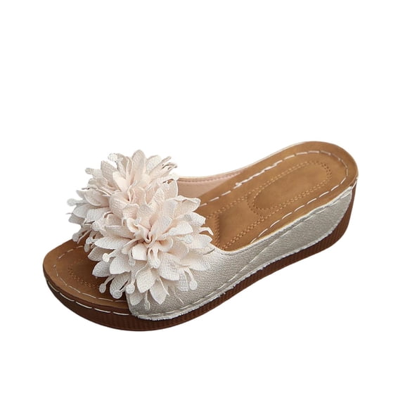Wensltd Womens Vacation Sandals Comfortable Round Toe Solid Color Floral Design Thick Sole Wedge Sandals Beige