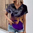 thumbnail image 2 of DeHolifer T-shirts for Women Mardi Gras V-Neck Button Pleated Carnival Mask Graphic Pritned Short Sleeve T-shirts Loose Casual Fashion Blouse Tops Purple 2XL, 2 of 4