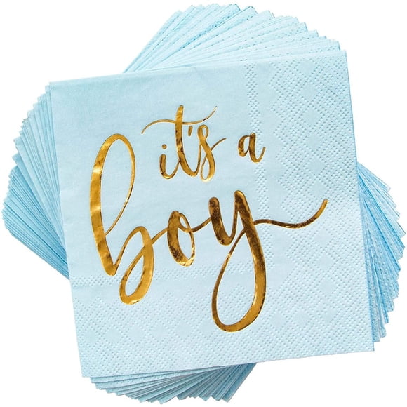Lot de 50 Serviettes de Cocktail « It's a Boy Baby Shower » avec Feuille d'Or, 5 x 5 Pouces, Serviettes en Papier Jetables 3 Plis Bleu Pâle pour Garçons Baby Showers, Célébrations d'Anniversaire, Lunchs, Fournitures de Décoration