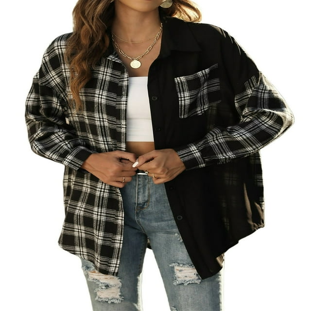Women Plaid Jacket Long Sleeve Turn-down Collar Button Closure Casual Tops Outwear