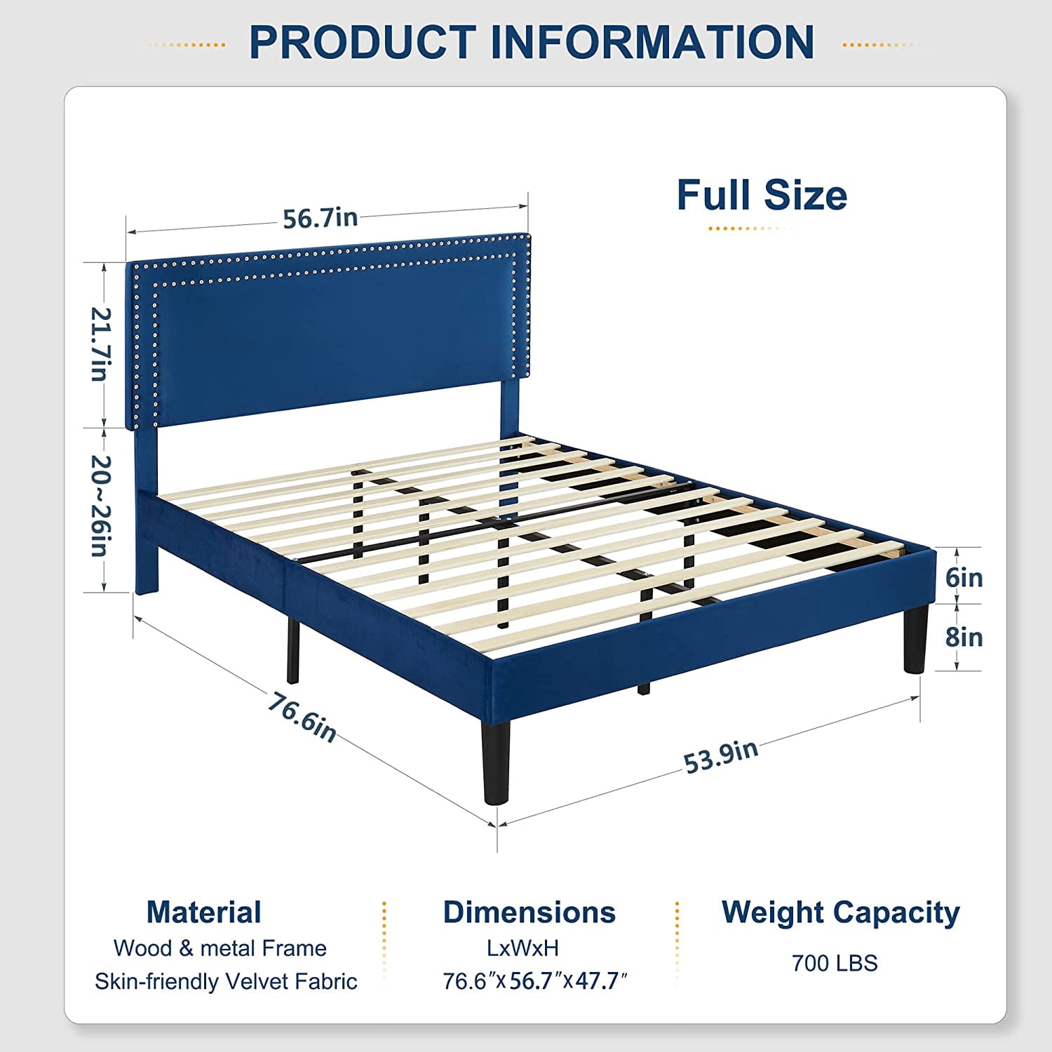 VECELO Full Size Platform Bed Frame with Adjustable Height Upholstered Headboard, Strong Wood Slat Support, No Box Spring Needed, Dark Blue