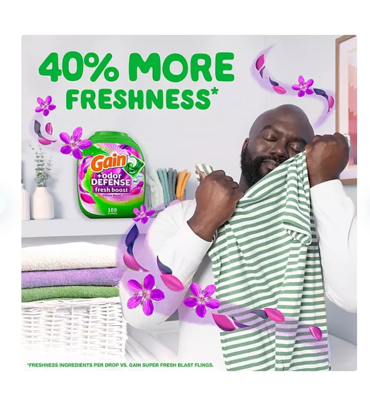 Gain Flings! Odor Defense Fresh Boost Laundry Detergent Pacs, Vibrant Bloom, 108