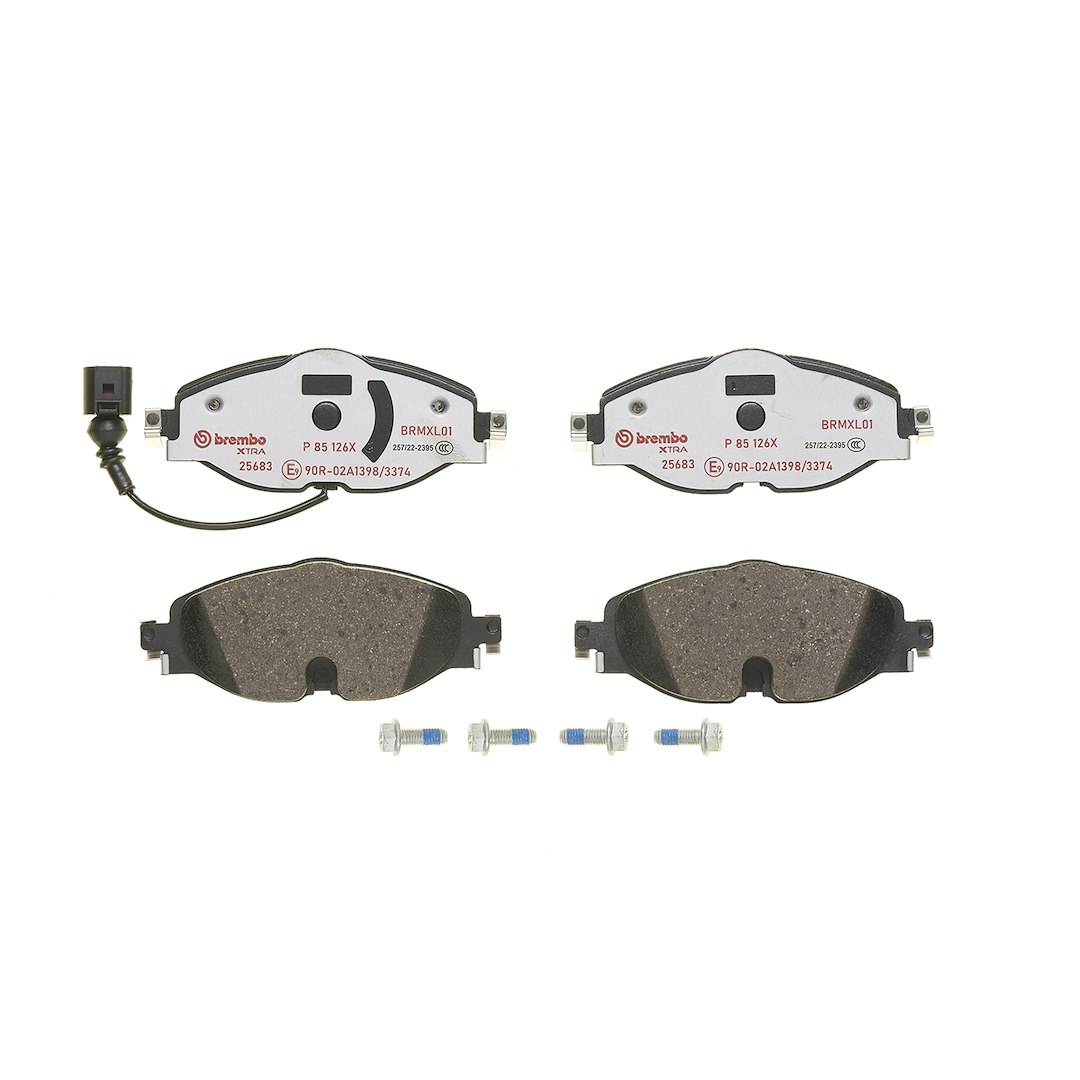 Brembo P85126X; Brake Pad; XTRALINE; FMSI Number D1760-8989; Low-Metallic; Set Of 4; With Pad Wear Sensor And Mounting Hardware