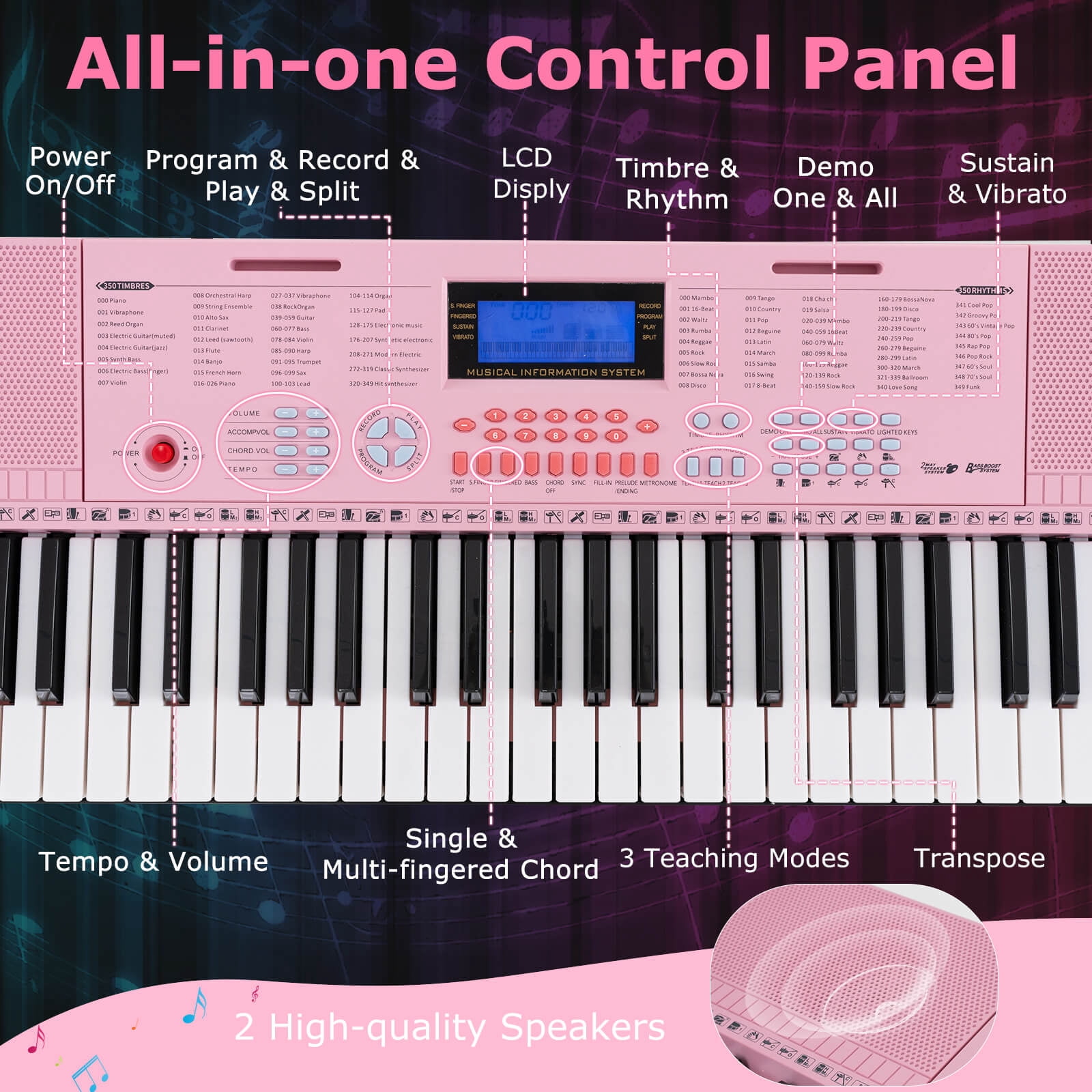 Costway 61-Key Electronic Keyboard Piano with 350 Rhythms 350 Timbres 50 Demo Songs Pink