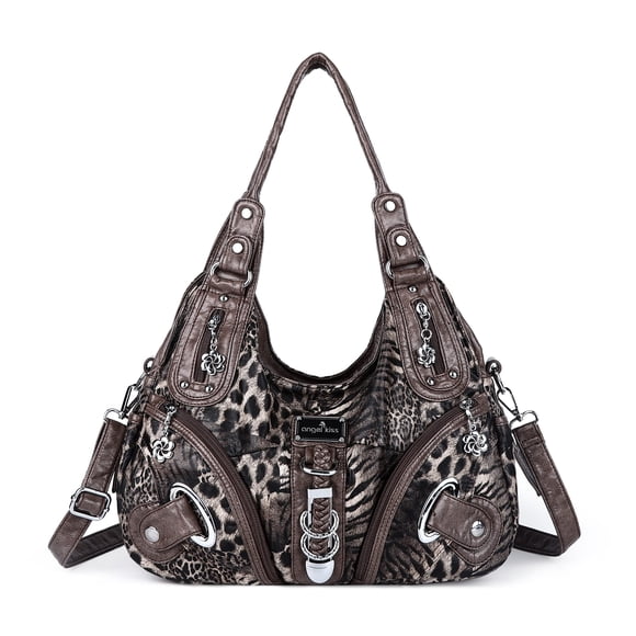 Bolso de mano Angelkiss de piel lavada para mujer, color marrón-leopardo