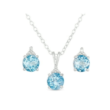 .015 T.G.W. Blue Topaz and Diamond Accent Sterling Silver Stud Earrings and Pendant, 18