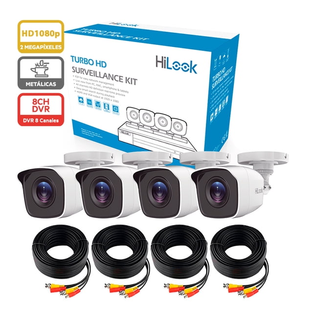 KIT TurboHD 1080p HILOOK BY HIKVISION DVR 8 Canales 4 Cámaras Bala Metálicas Fuente de Poder HL28LQKITS-M