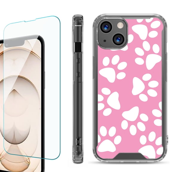 Shockproof Bumper Phone Case for iPhone 13, with Tempered Glass Screen Protector, by OneToughShield ® - Pet Paw/ Pink