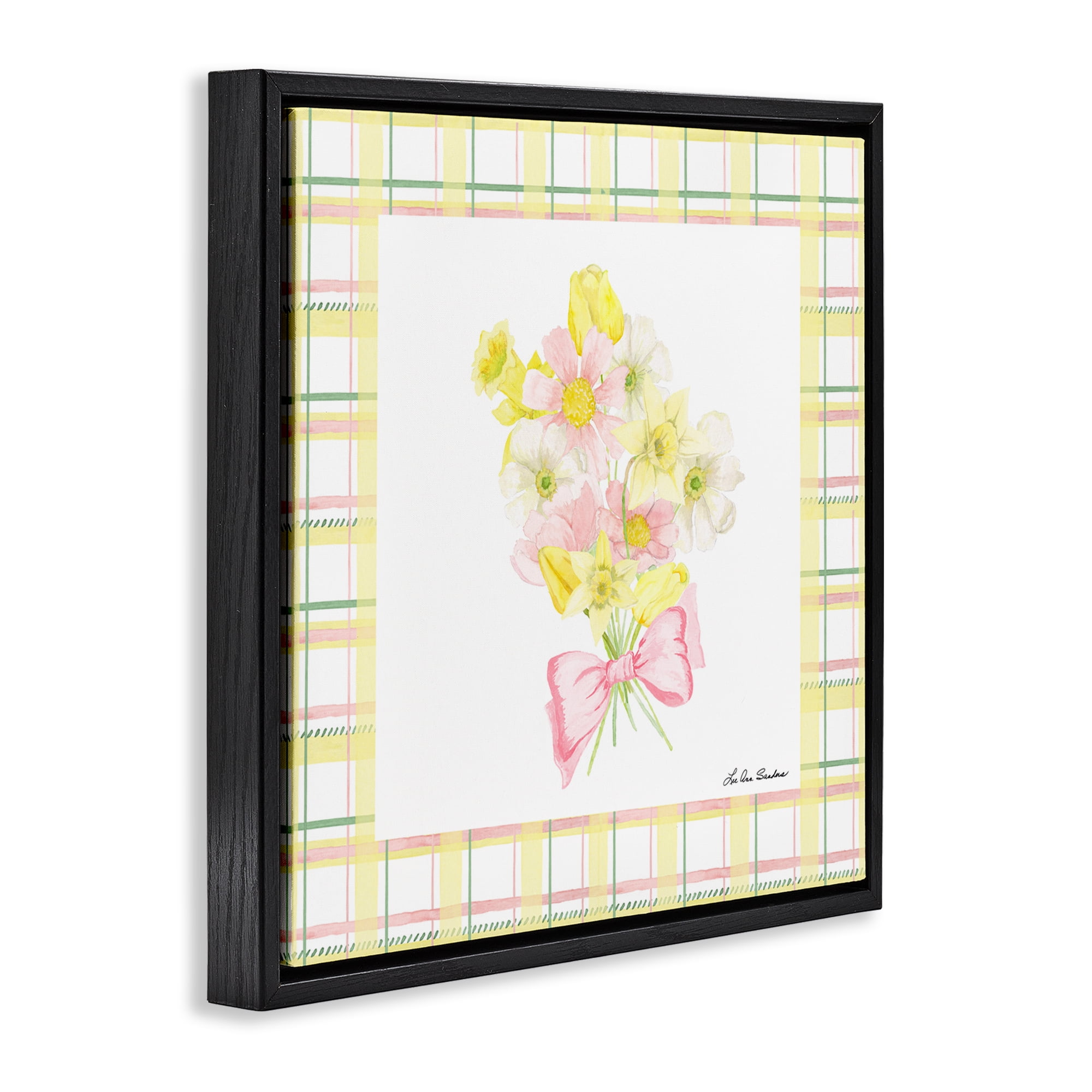 Spring Daffodils on Plaid Black Framed Floater Canvas Wall Art, design by Lee Ann Sanders