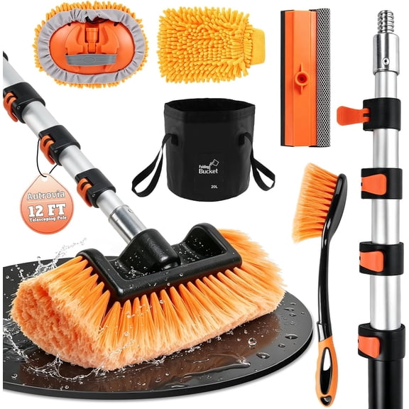 144'' Car Wash Brush with Long Handle Cleaning Kit | Scratch-Free Soft Bristle Wash Brush, Microfiber Mop, Window Squeegee, Wheel Brush, Mitt, Bucket, For RV, Truck, Boat, SUV