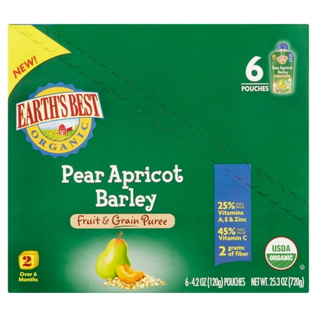 Earth's Best Organic Pear Apricot Barley Fruit & Grain Puree 2 Over 6 Months, 4.2 oz, 6 pack