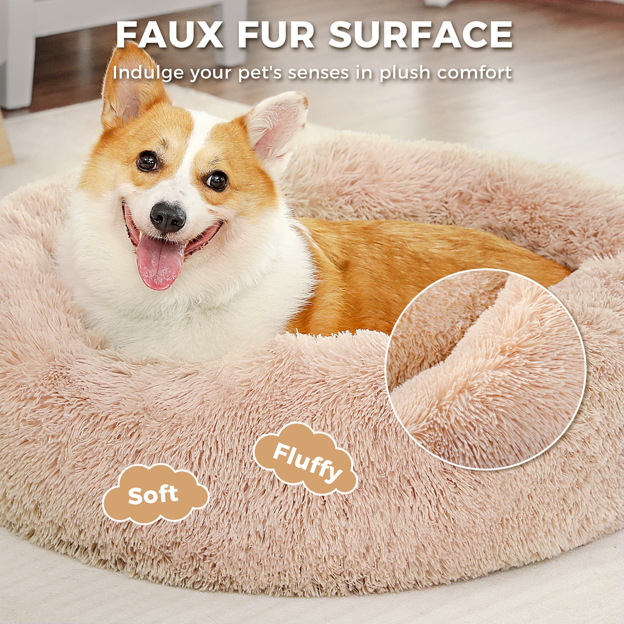 PAWZ Road Calming Donut Dog Bed Anti-Anxiety Plush Pillow Round Puppy Cat Bed 35" for Pets Up to 100lbs,Beige
