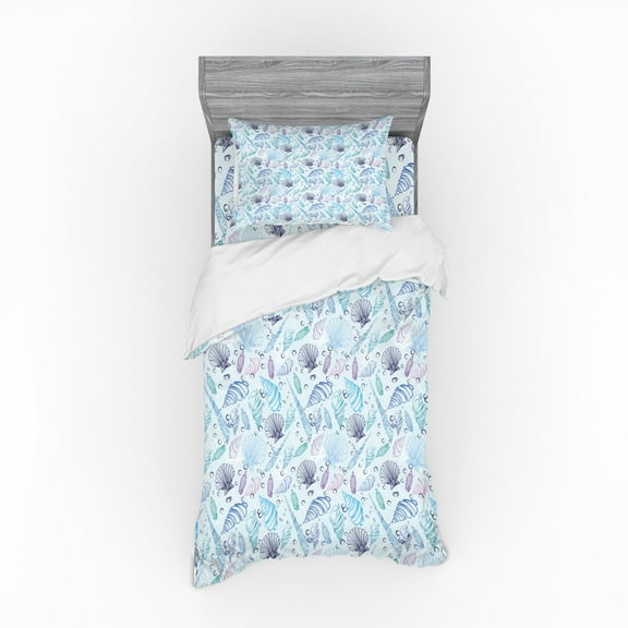 Ambesonne Nautical Bedding Set 3 Pcs, Seashells Bubble Ocean, Twin XL, Indigo Pale Blue Purple