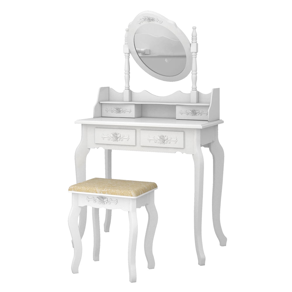 Makeup Table and Stool with Oval Mirror & 4 Storage Drawers LAGRIMA Makeup Vanity Table Set Wooden Dressing Desk Table Furniture Set for Women Girls