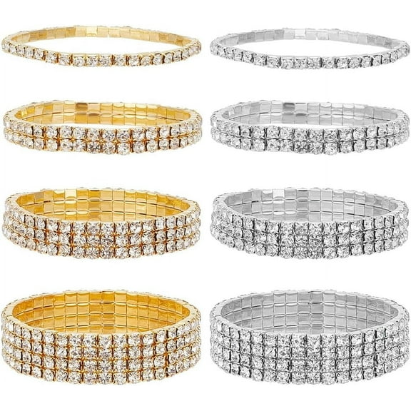 8pcs 8 Styles Rhinestone Stretch Bracelet Sparkling Bracelets for Women Twinkle Diamond Tennis Bangle Bridal Stackable Bracelet Jewelry Bling Wedding Party Elastic Bracelet Mixed Color