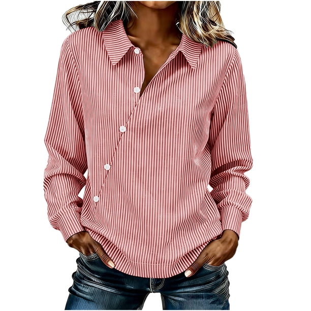 Camiseta de Solapa de Rayas Sueltas de Manga Larga de las Mujeres con Botón de Cuerda Elástica, Malla Estilo Superior