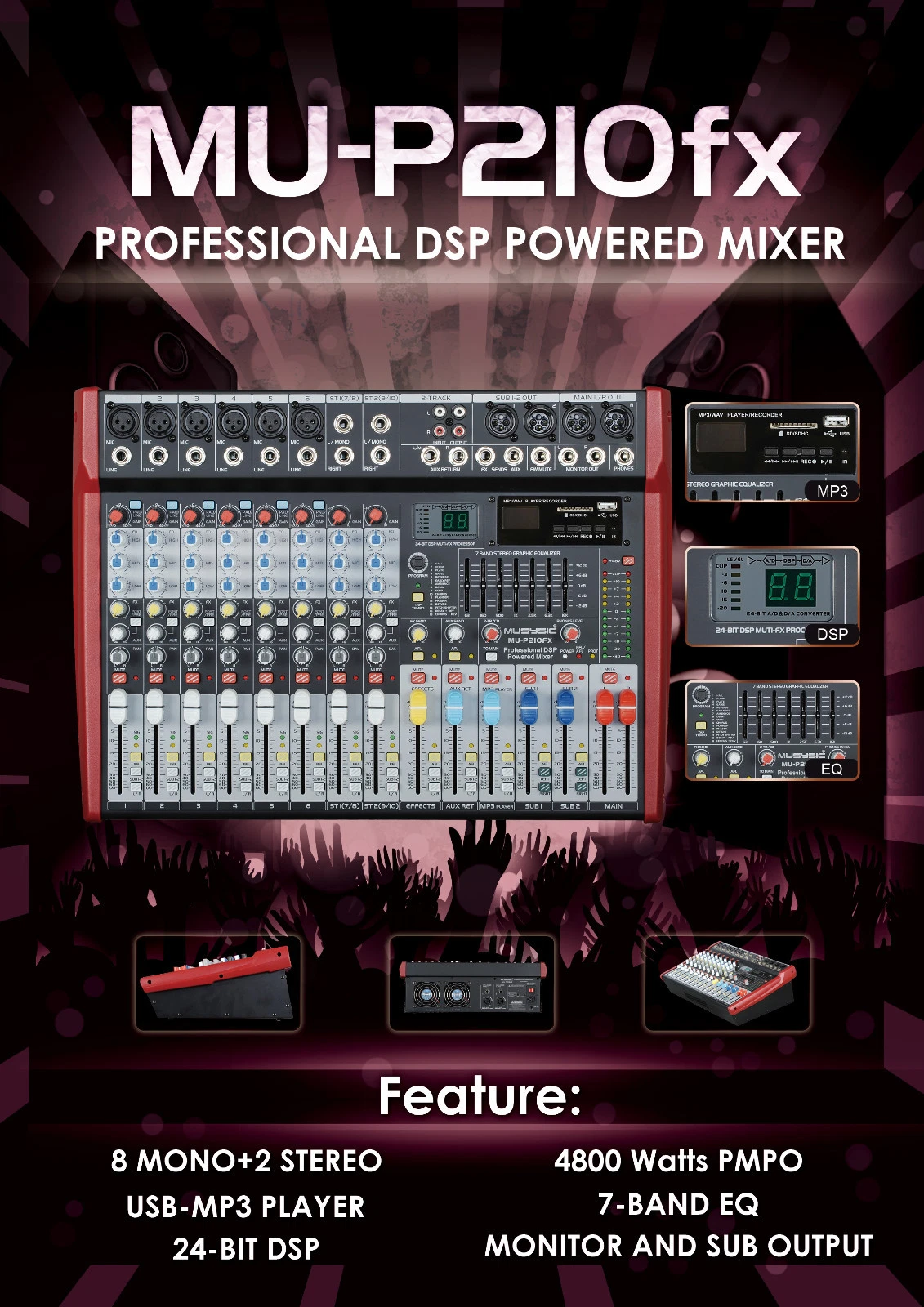 MUSYSIC MU‑P210fx Professional 10‑Channel Powered Mixer – 4800W PMPO, Bluetooth, USB/SD, 24‑Bit DSP Effects, 7‑Band EQ, XLR Inputs, Phantom Power