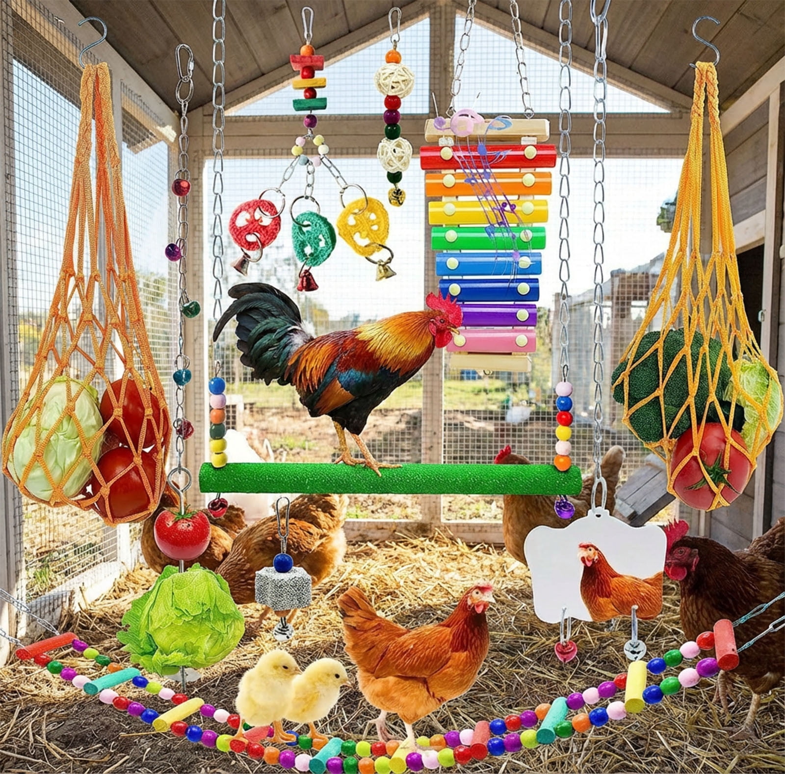 Chicken Cage and Bird Cage Accessories Set Multi-Function Toy Kit with Foraging Net Ladder Mirror Fruit Vegetable Skewer and Wooden Xylophone, Enrichment Toys for Pet Birds and Poultry