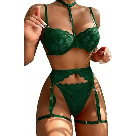 SkyAuks 3 Piece Strappy Sexy Choker Lingerie for Women  High Waisted Belt  G String  Bra and Panty Set Push Up Exotic Sleepwear  BurgundyRed XS
