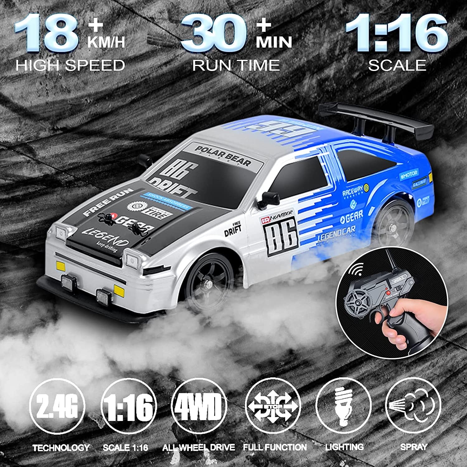 High Speed RC Drift Car for Boys, 2.4GHz 1:16 Scale 4WD 18KM/H Radio Control Cars with LED Lights, Blue Gray