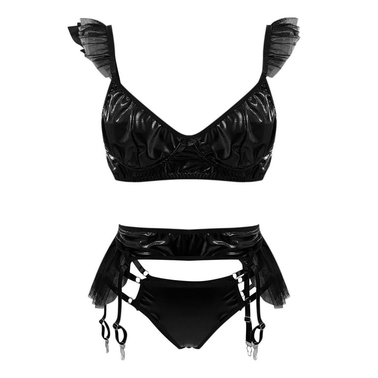 Women Sexy Lingerie Set With Garter Belt Patent Leather Patchwork