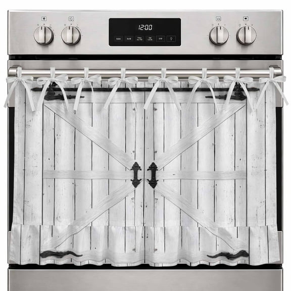 Rustic Barn Door Oven Curtain with Tie Top, Vintage Farmhouse Door Beige Wood Board Oven Skirt Curtains with Tie Top Cabinet Cover Curtain for Small Kitchen Apartment Decor 30 x 21.5 Inches