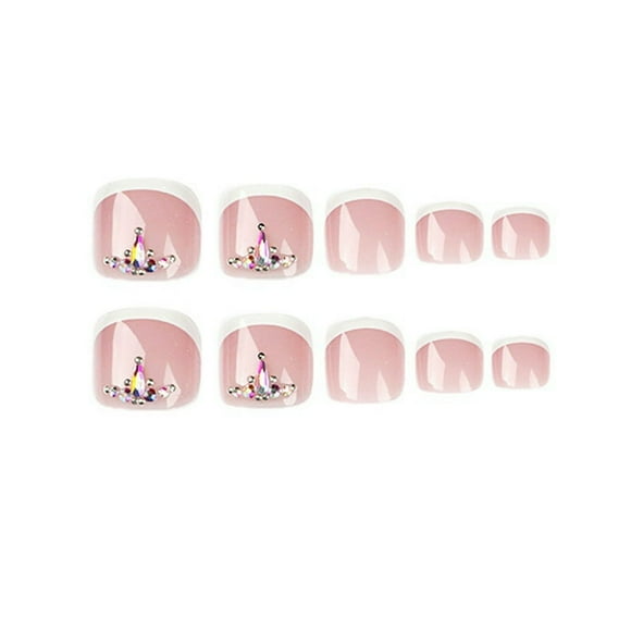 KEINXS 24Pcs Press on Toenails Chic French Tip Toe Nails with Rhinestones Stylish Press on Toenails for Women