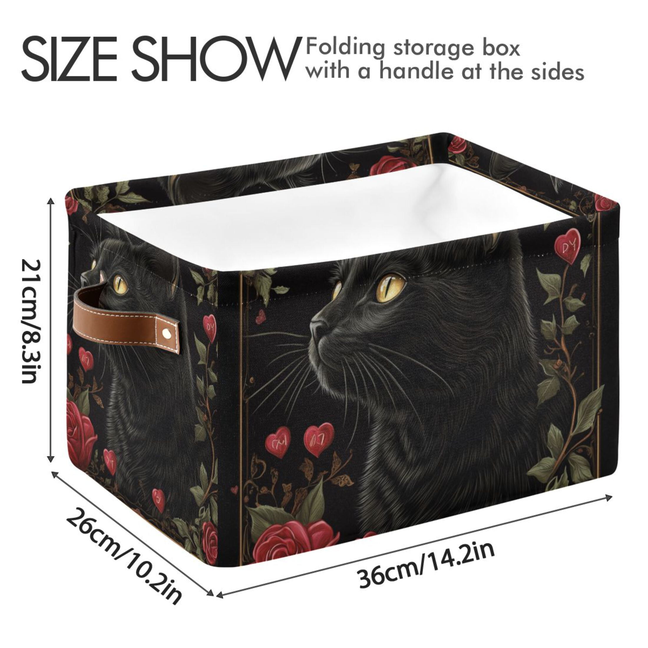 WOBOGO Red Rose Black Cat Pattern Square Storage Basket with Waterproof Canvas and PE Lining Durable PU Leather Handles 14.2×10.2×8.3in