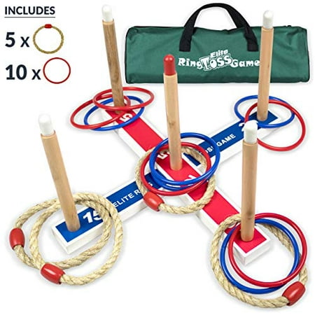 Elite Sportz Ring Toss Game Set 22 Piece Ropes Indoor Outdoor Hook Horseshoe Yard Kids Adults with 5 Pegs and Carry Bag