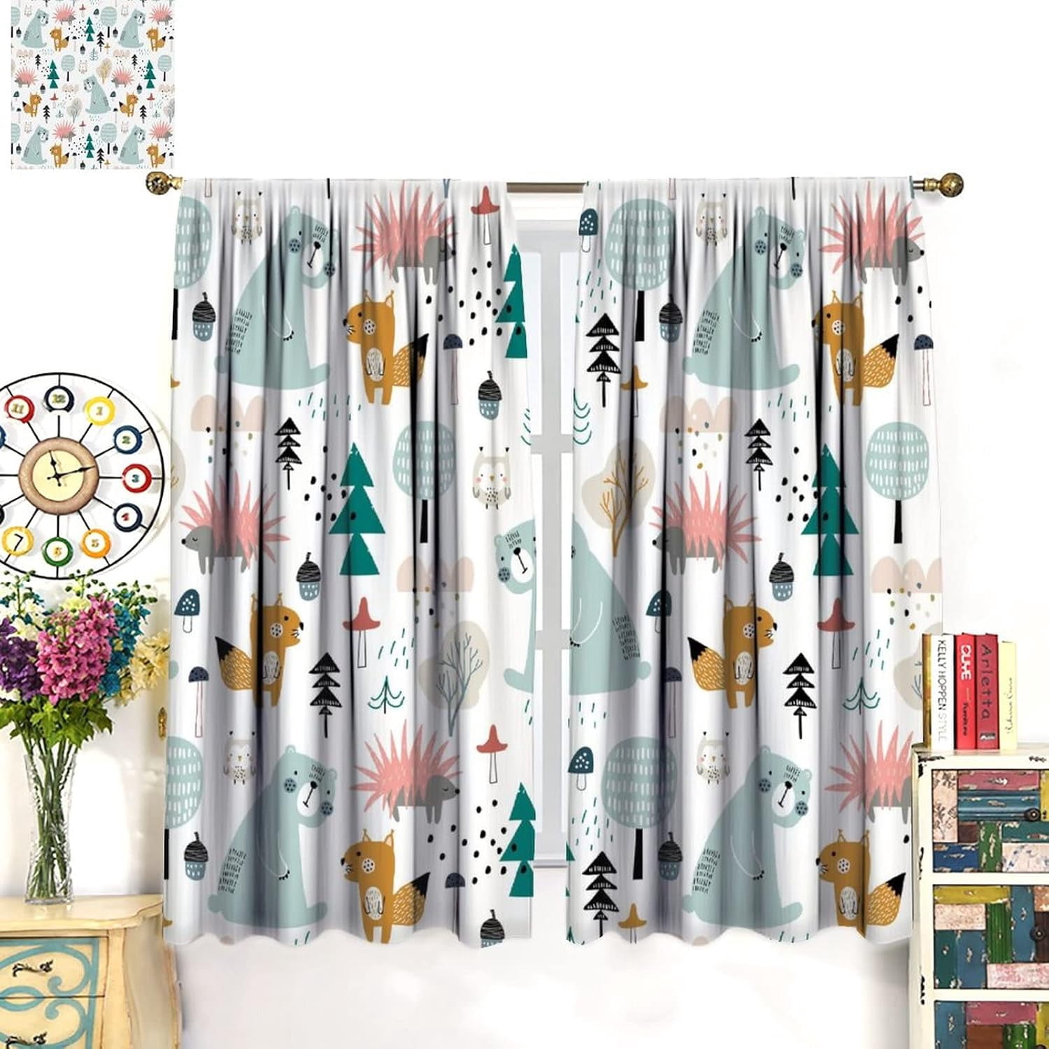 Kids Blackout Curtains,Each Panel W26 x 84" L,Cartoon Animal Forest Cute Bear Squirrel Rod Pocket Curtains for Boys Girls Bedroom Living Room Baby Room Nursery Window Drapes 2 Panel Set 52" x 84"
