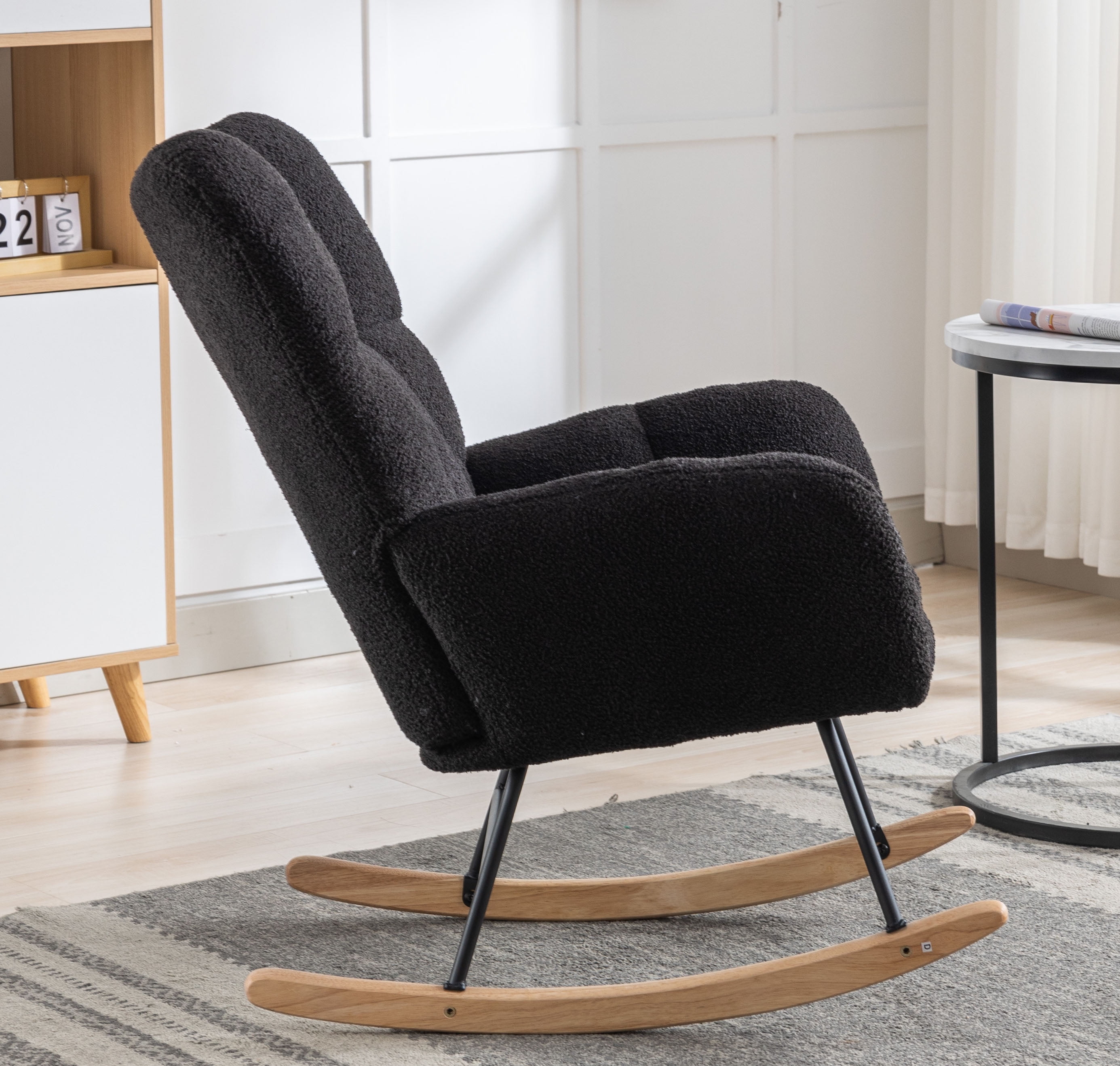 Rocking Chair Nursery,Modern Accent Rocking Chair with High Backrest,Teddy Fabric Upholstered Nursery Glider Rocker for Nursery,Living Room, Bedroom,Black