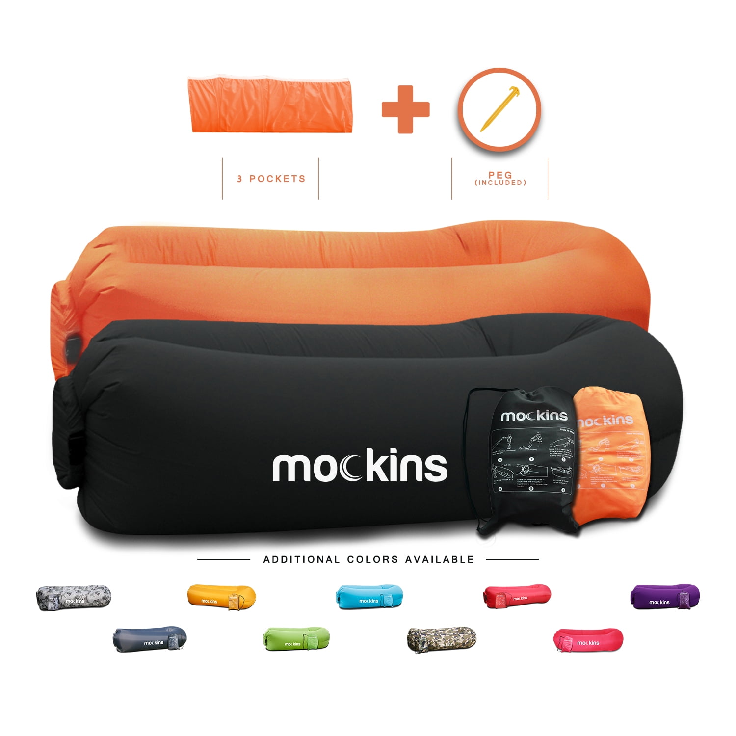 Mockins Black & Orange Inflatable Loungers | Portable Air Sofa with Matching Bags & Pockets | 2-Pack | 210T Polyester