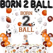 Born Two Ball Birthday Decoration, Sports 2nd Birthday Decoration Backdrop Banner Cake Topper Table Cloth Foil Balloon for Basketball Football Soccer Baseball Born Two Ball 2nd Decor