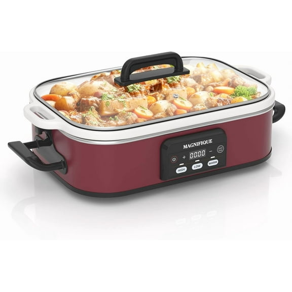 YANGLI 4QT Casserole Programmable Slow Cooker, Ceramic Baking Dish, Oven Safe, Red