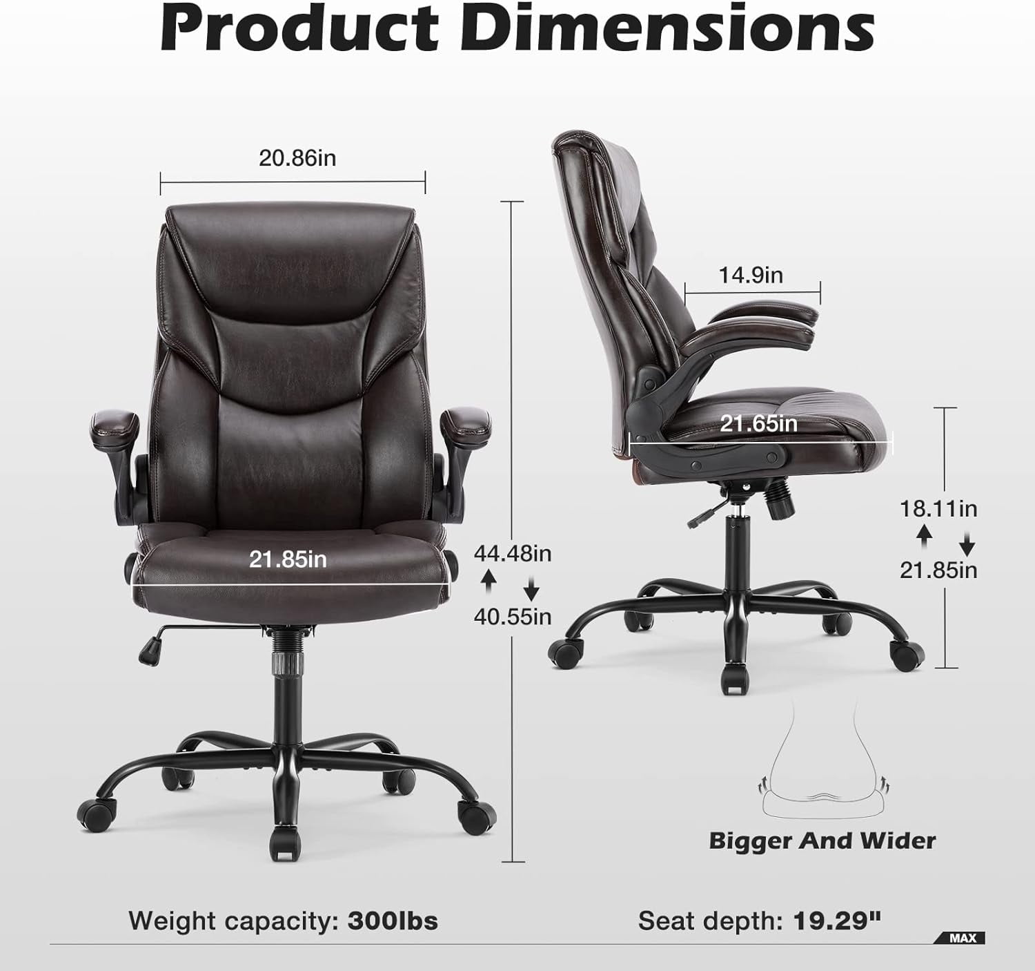 edx Computer Gaming Chair, Ergonomic High Back Heavy Duty Task Desk Office Chairs with Wheels, Flip-up Arms, Adjustable Height, PU Leather, Brown
