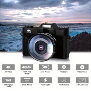 4K Vlogging Camera for YouTube 48MP Digital Camera for Photography with 180°Flip Screen, 16X Digital Zoom Manual Focus Students Camera, Wide Angle & Macro Lens, 64GB SD Card, 2 Batteries (black)