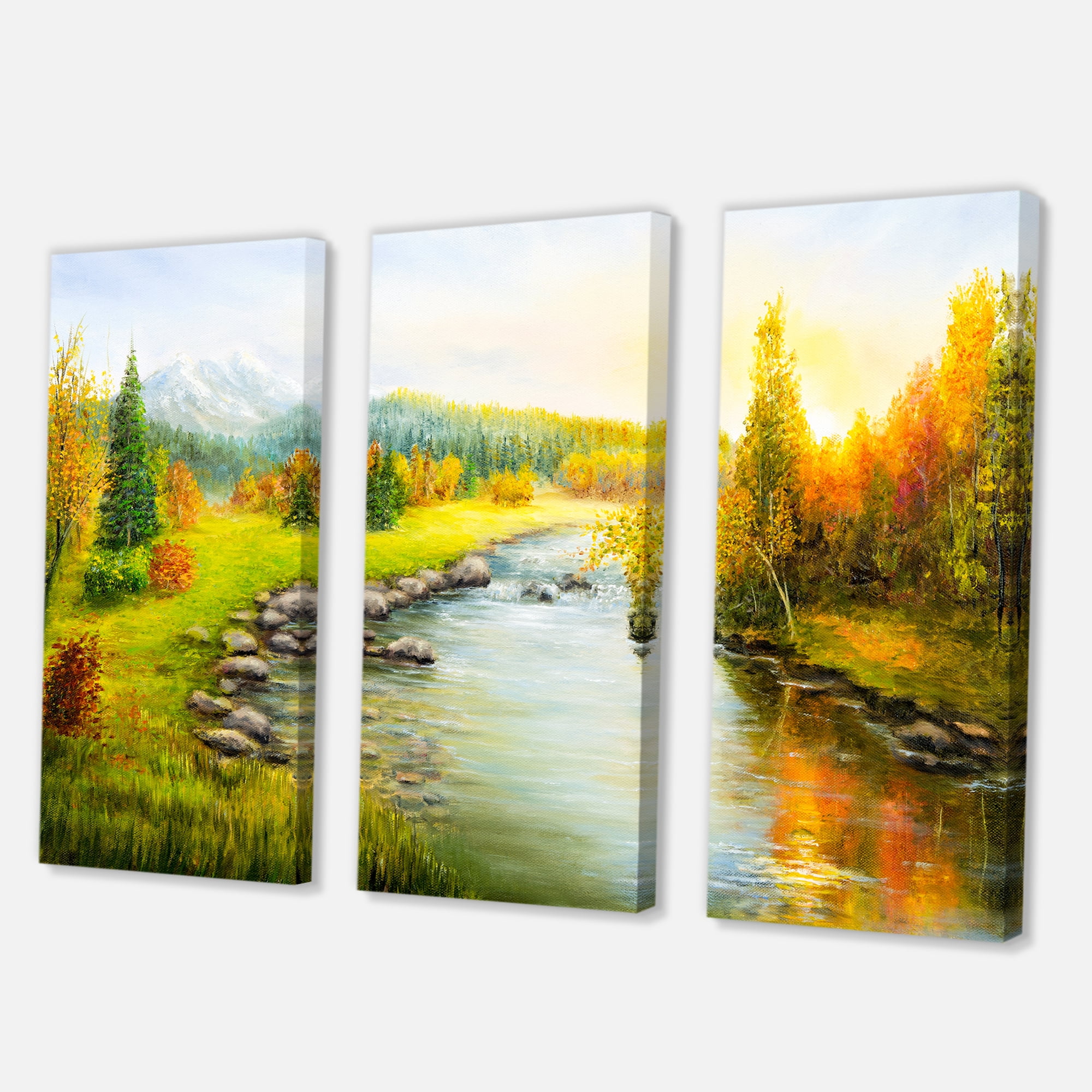 Designart ' Autumn Landscape With Forest River and Mountains ' Lake House Canvas Wall Art Print