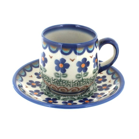 Blue Rose Polish Pottery Aztec Flower Espresso Cup & Saucer
