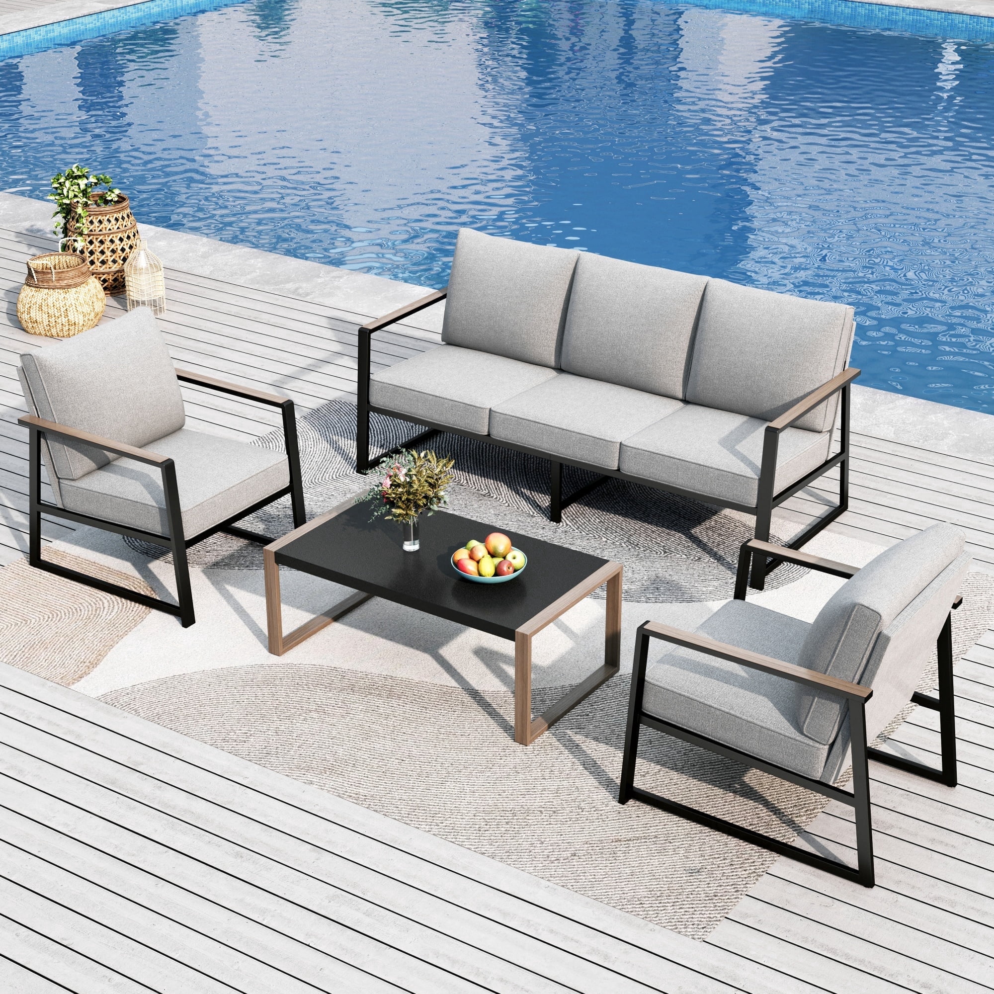 SUMMIT LIVING 4-Piece Modern Outdoor Patio Furniture Set with All-Weather Cotton-Filled Sling Fabric Sofa Back, Wood-Grain Outdoor Patio Conversation Set with U-Shape Coffee Table, Gray