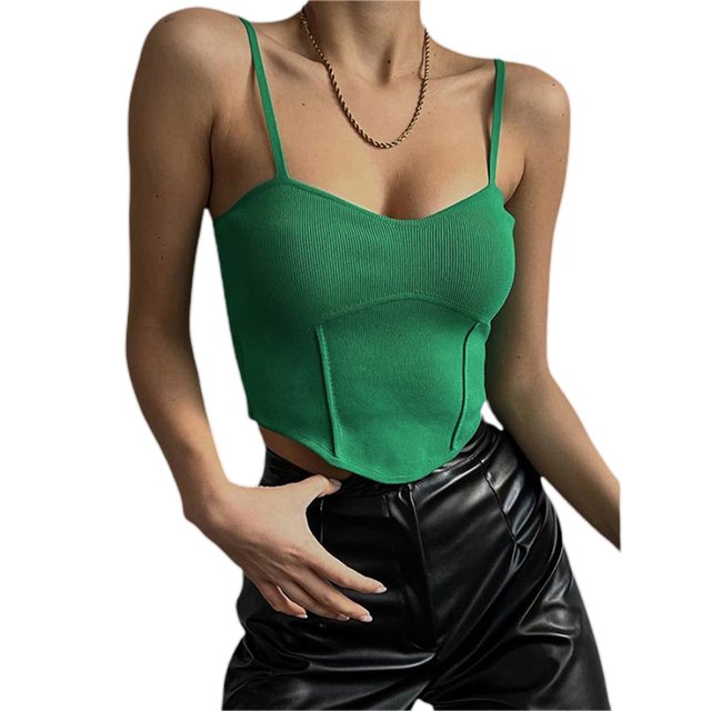 VISgogo Camisola ajustada para mujer, tops cortos sin mangas con tirantes finos y cuello en V de color sólido para adultos VISgogo moda