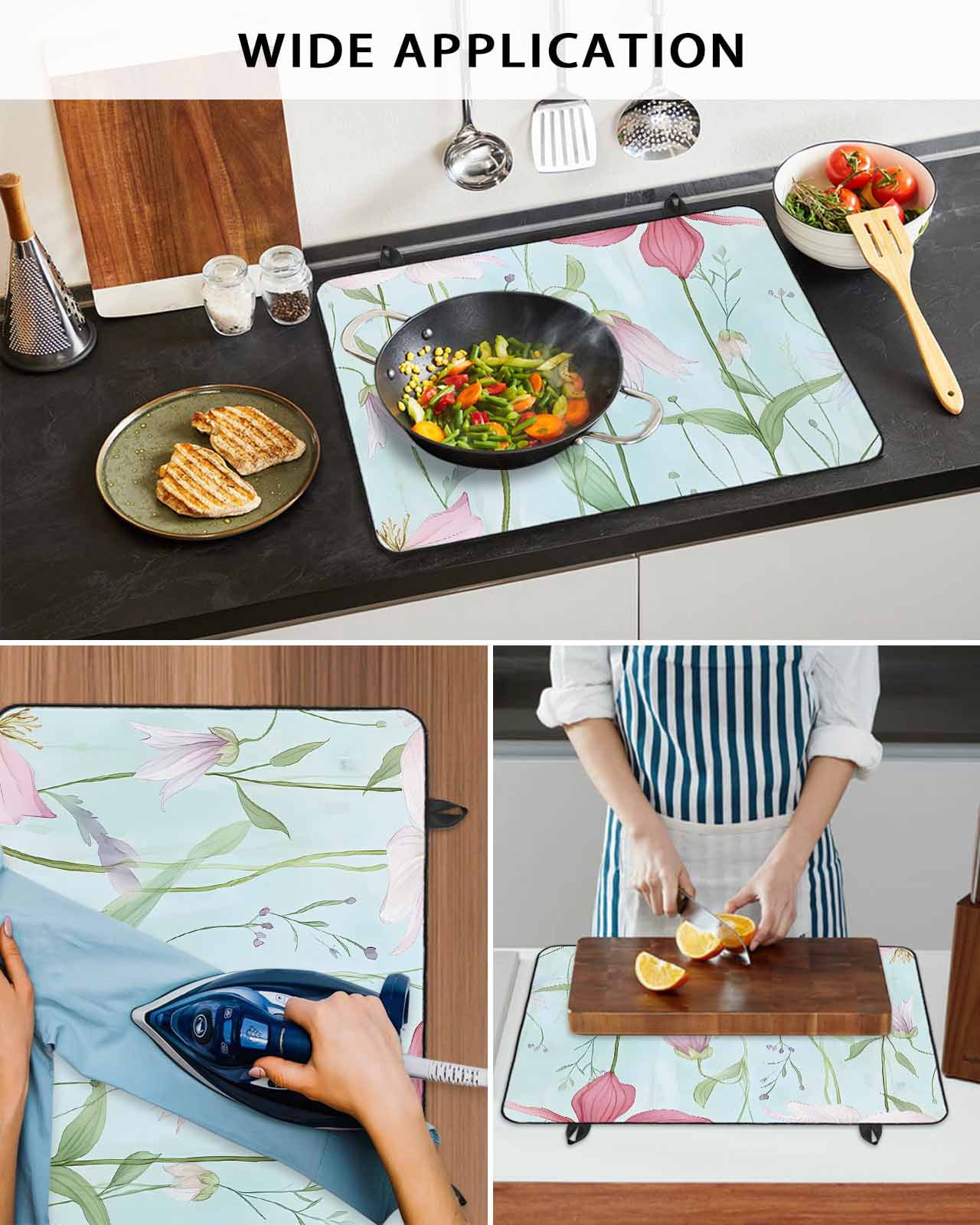 nqOlkjepod Large Induction Cooktop Protector Mat 24"x21", Blue Pink Green Floral Stove Top Covers for Electric Stove, Seasonal Botanical Blooms Stove Burner Cover Mats, Glass Top Stove Cover