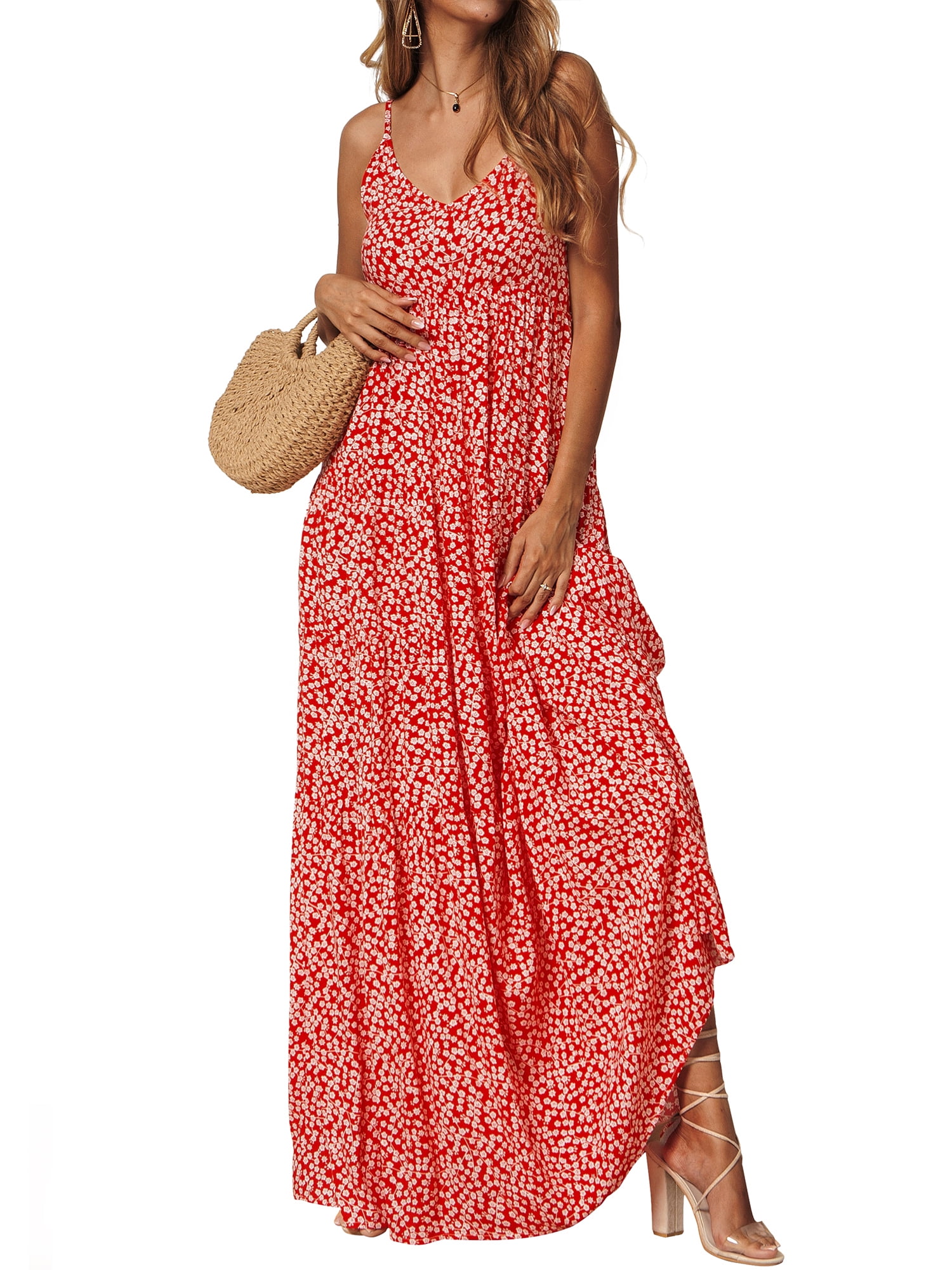 Women's Holiday Sleeveless Beach Floral Long Maxi Dress Swing Sun Dress Summer