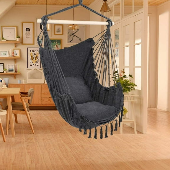 Hammock Chair,Hanging Rope Swing, Swing Chair for Indoor and Outdoor Home, Patio, Deck, Yard, Garden, Macrame Swing with Seat Cushion, Max 198Lbs, Gray