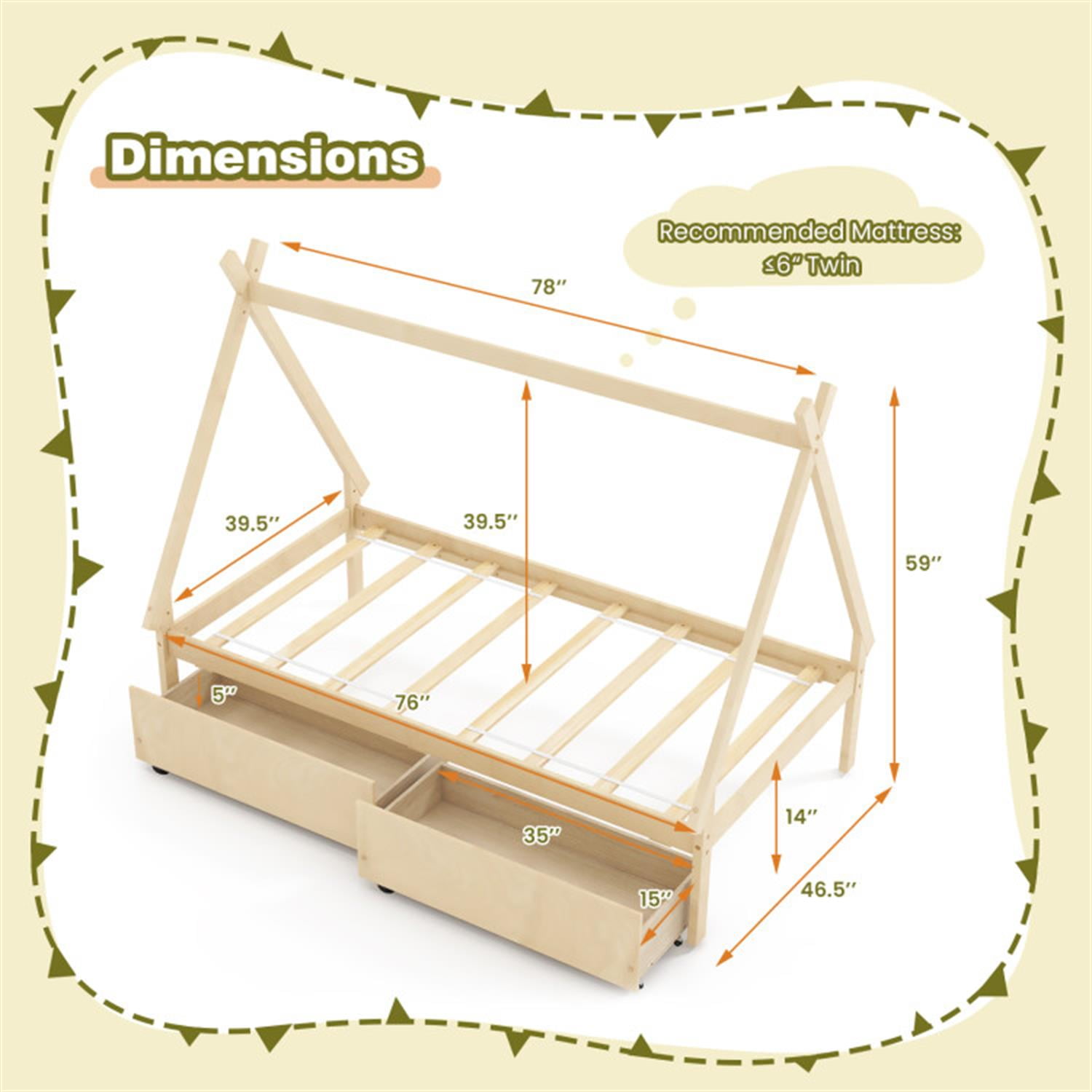 Demi Bonn Twin Size Wooden Tent Platform House Bed Frames with 2 Drawers for Teens, Beige