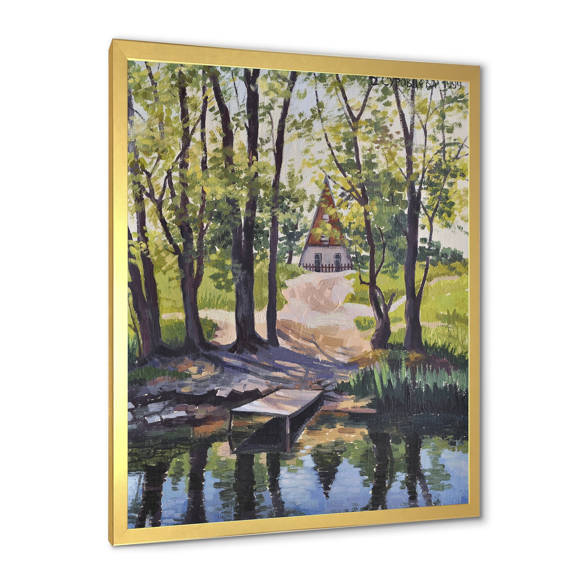 Designart 'Mysterious Countryside House By The River In The Woods' Lake House Framed Art Print