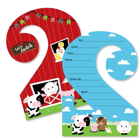 - 2nd Birthday Farm Animals - Shaped Fill-In Invitations - Barnyard Second Birthday Party Invitation Cards with Envelopes